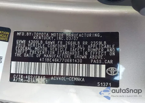 2007 Toyota Camry Ce z USA, uszkodzony, nr VIN 4T1BE46K77U681430